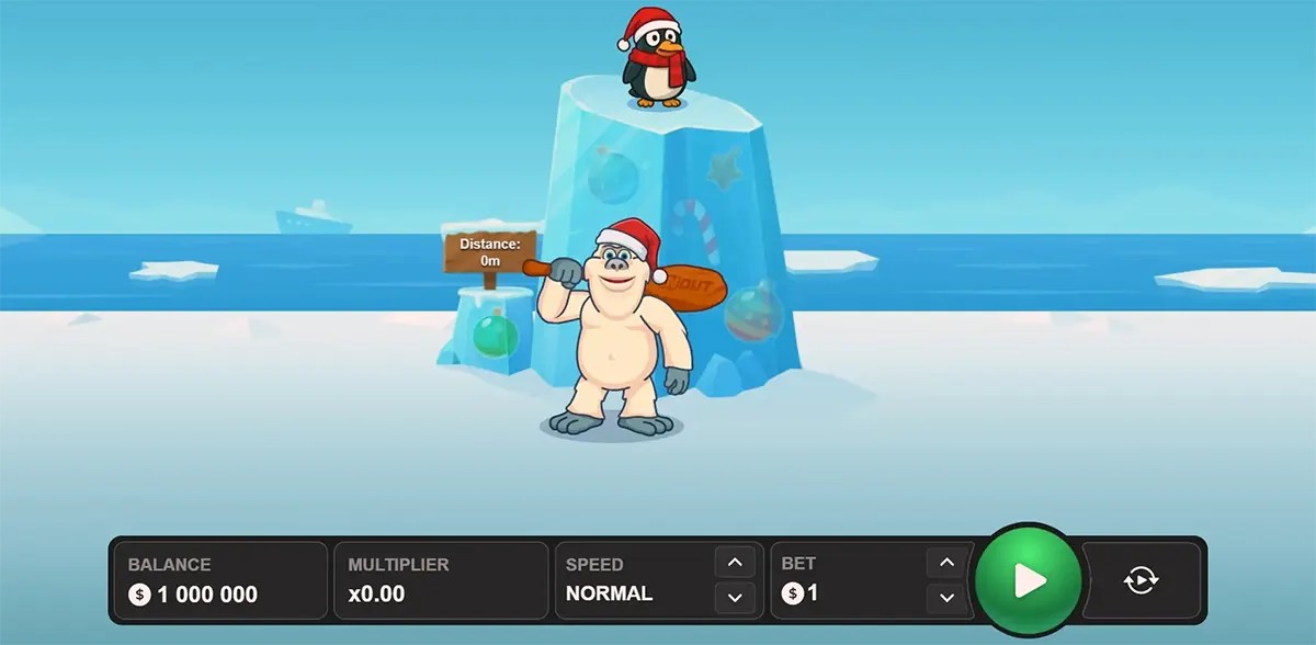 Pengu Sport game screen showing a penguin in a Santa hat standing on a tall ice block above a smiling yeti holding a bat, with a “Distance: 0m” sign and a bottom control bar for balance, multiplier, speed, bet, and a large play button.