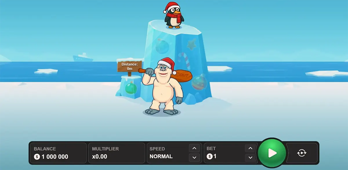 Pengu Sport game screen showing a penguin in a Santa hat standing on a tall ice block above a smiling yeti holding a bat, with a “Distance: 0m” sign and a bottom control bar for balance, multiplier, speed, bet, and a large play button.
