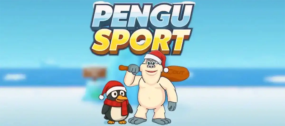 Pengu Sport splash screen showing the “PENGU SPORT” logo above a cartoon penguin in a Santa hat and scarf standing next to a friendly yeti holding a wooden bat, set against a snowy, icy background.