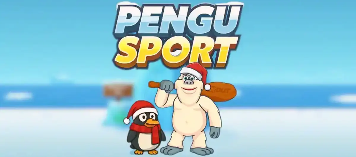 Pengu Sport splash screen showing the “PENGU SPORT” logo above a cartoon penguin in a Santa hat and scarf standing next to a friendly yeti holding a wooden bat, set against a snowy, icy background.